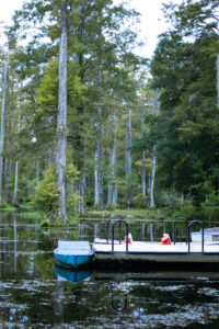 A charming turquoise rowboat from Cypress Gardens boat tour