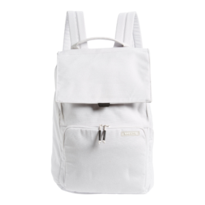 A sleek, white lightweight backpack designed for women who travel frequently, featuring multiple compartments, a minimalist design, and comfortable straps, perfect for organized and stylish travel on the go.