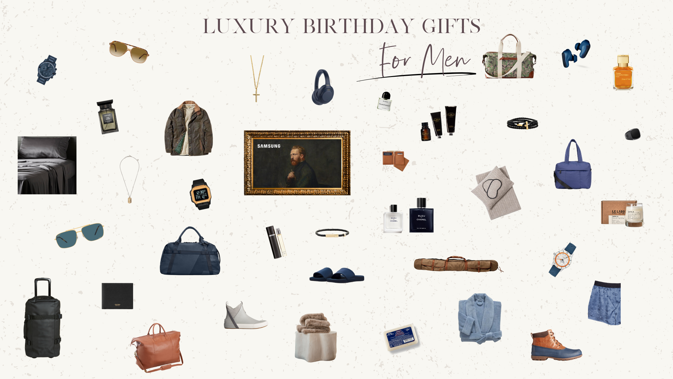 A curated gift guide featuring luxury birthdaygifts for men, including high-end accessories, tech gadgets, and designer colognes, perfect for a man's birthday.