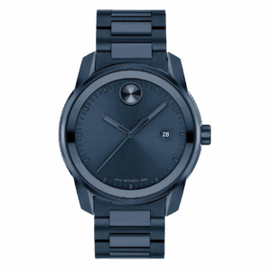 A navy blue designer Movado watch for a man.