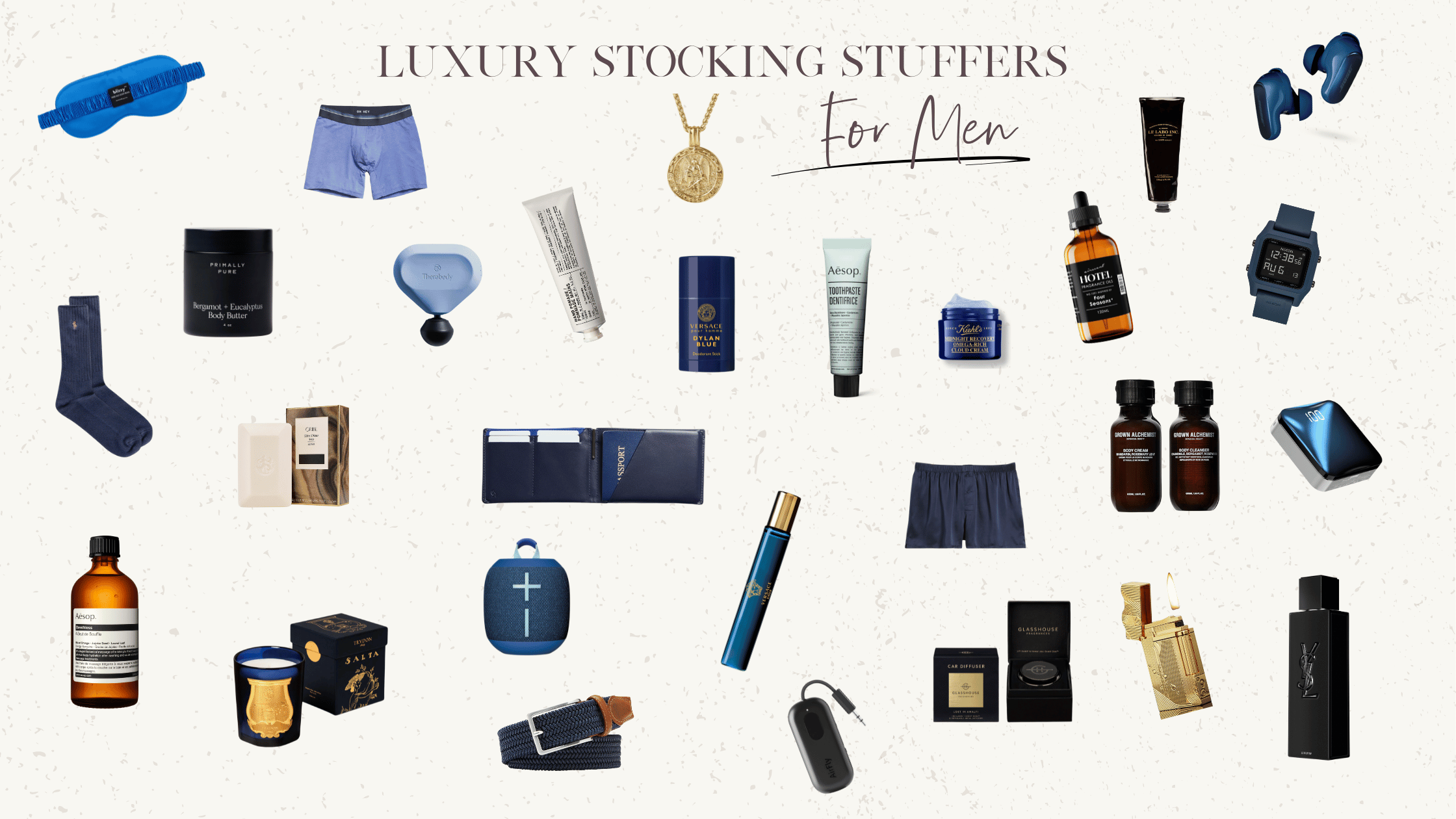 Flat lay of luxe stocking stuffers for men, including a sleek Bolin Webb razor, premium shaving cream, and other stylish gifts for men.