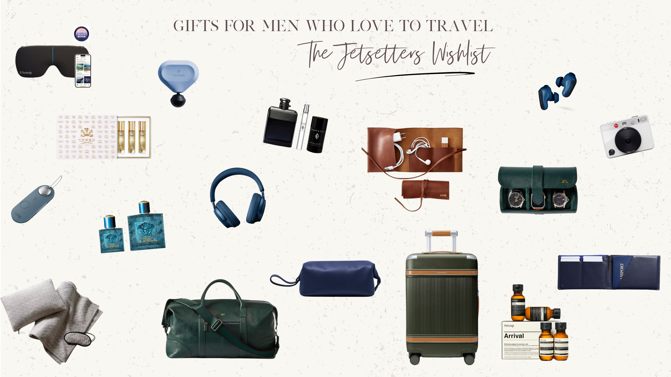 Collection of travel accessories and gifts for men that travel.