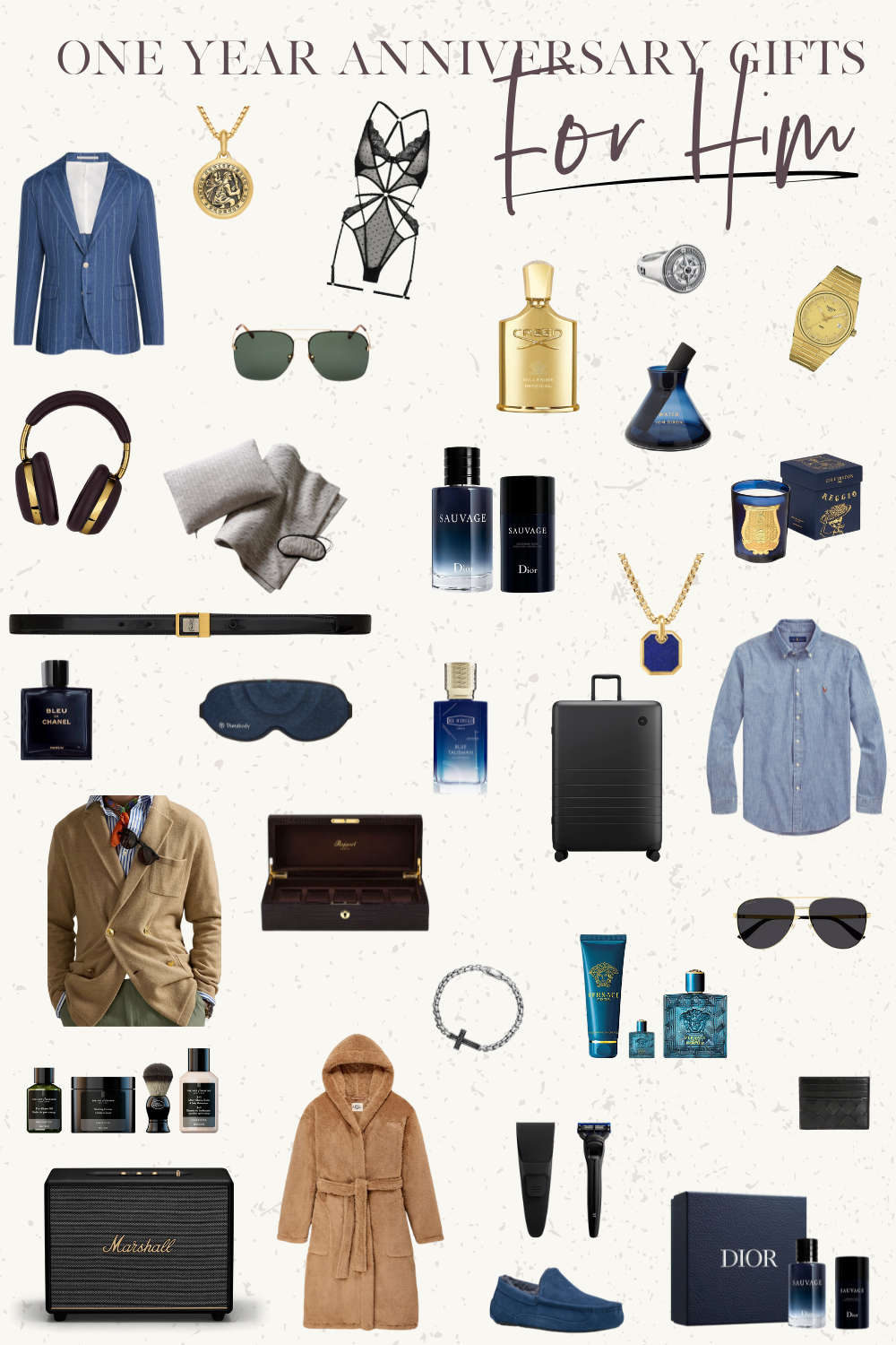 A flat lay of designer anniversary gifts for men, including fragrances, candles, sunglasses, jewelry, headphones and a gold watch.