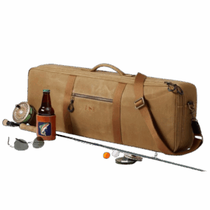A waxed canvas rod and reel case, feature in a gift guide for men.