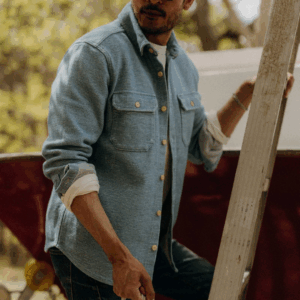 A cozy blue button down jacket for men, featured in a designer gift guide for men.